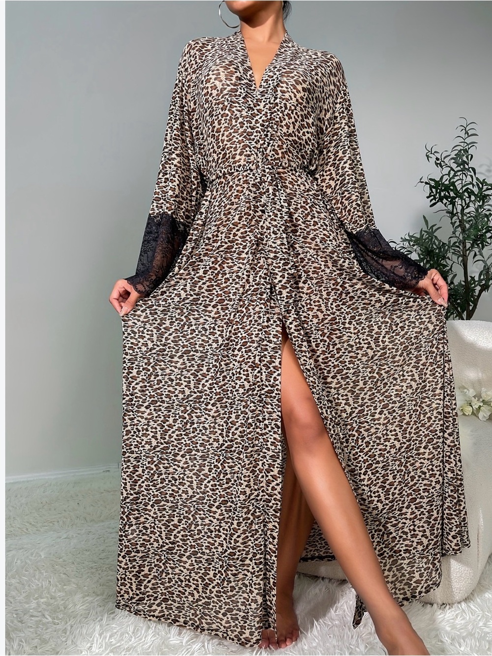 Vintage Valerie Stevens Leopard Print Maxi Robe in Beige and Black Lace